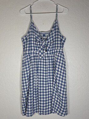 Old Navy Women Dress Blue White Gingham Cinch Size XL Tie Front Pockets